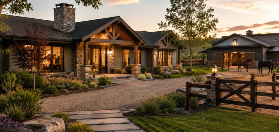 Modern rustic ranch-style home with stone and wood details, landscaped grounds, an updated barn, fenced paddocks, and horses at sunset.