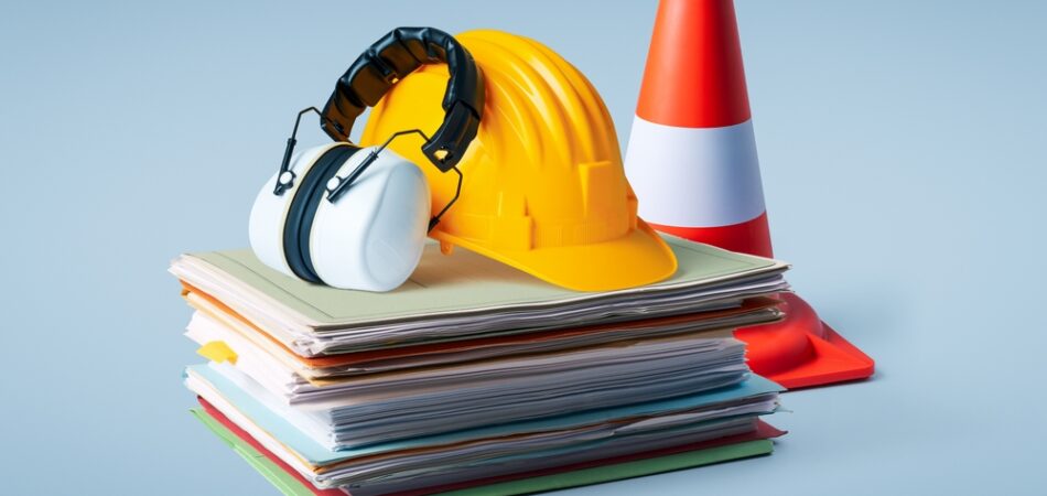 Pile,of,paperwork,,safety,equipment,and,work,tools:,construction,and