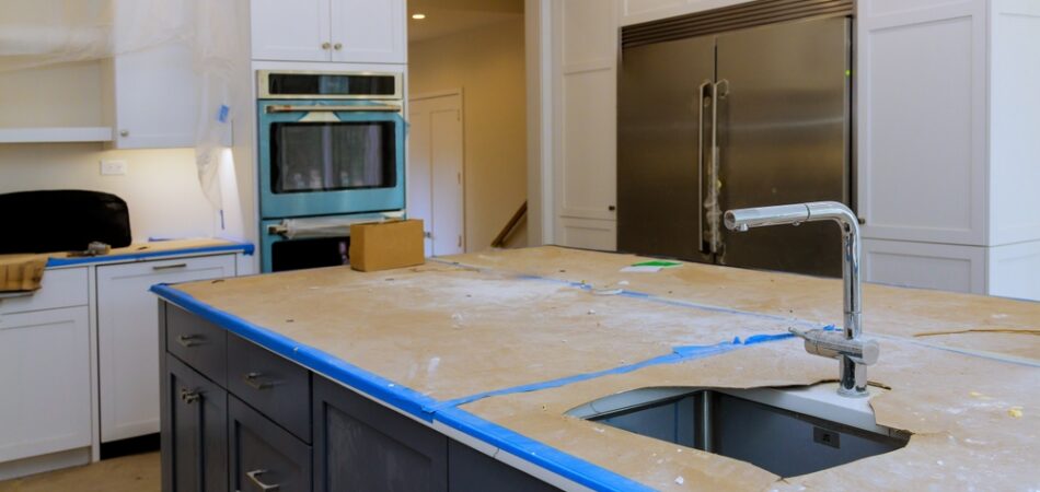 Renovation,work,is,in,progress,in,modern,kitchen,featuring,exposed