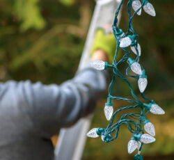 Man,in,gray,holding,christmas,lights,climbs,ladder