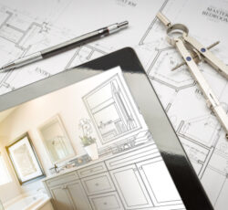 Computer,tablet,with,master,bathroom,design,over,house,plans,,pencil